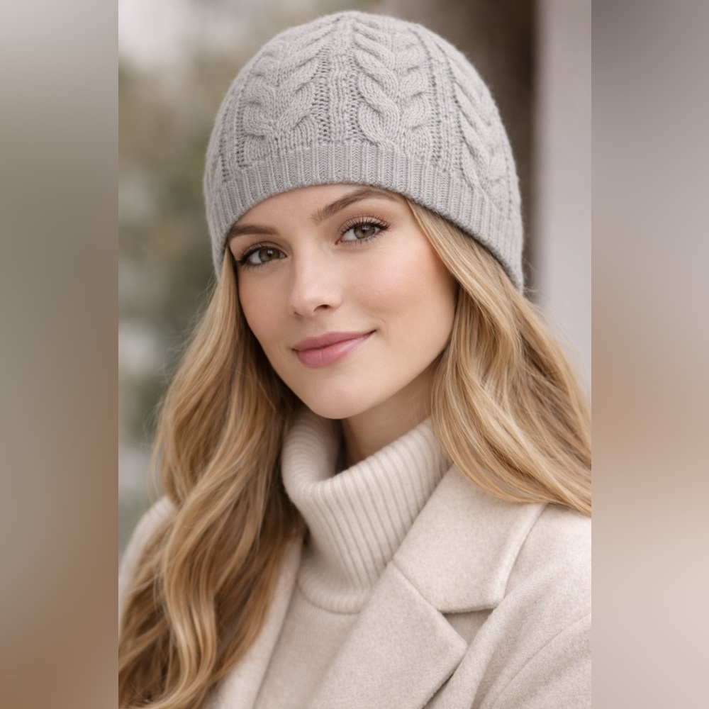PURE 100% Cashmere Cable Knit Beanie Hat Gray Soft Luxury Winter